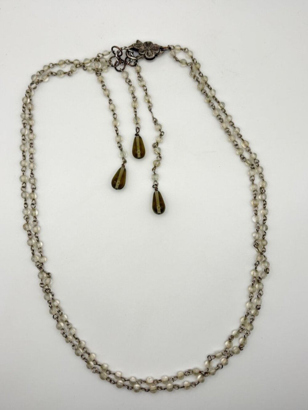 Vintage Double Strand Frosted Glass Bead Necklace Floral Hook Teardrops 20 in